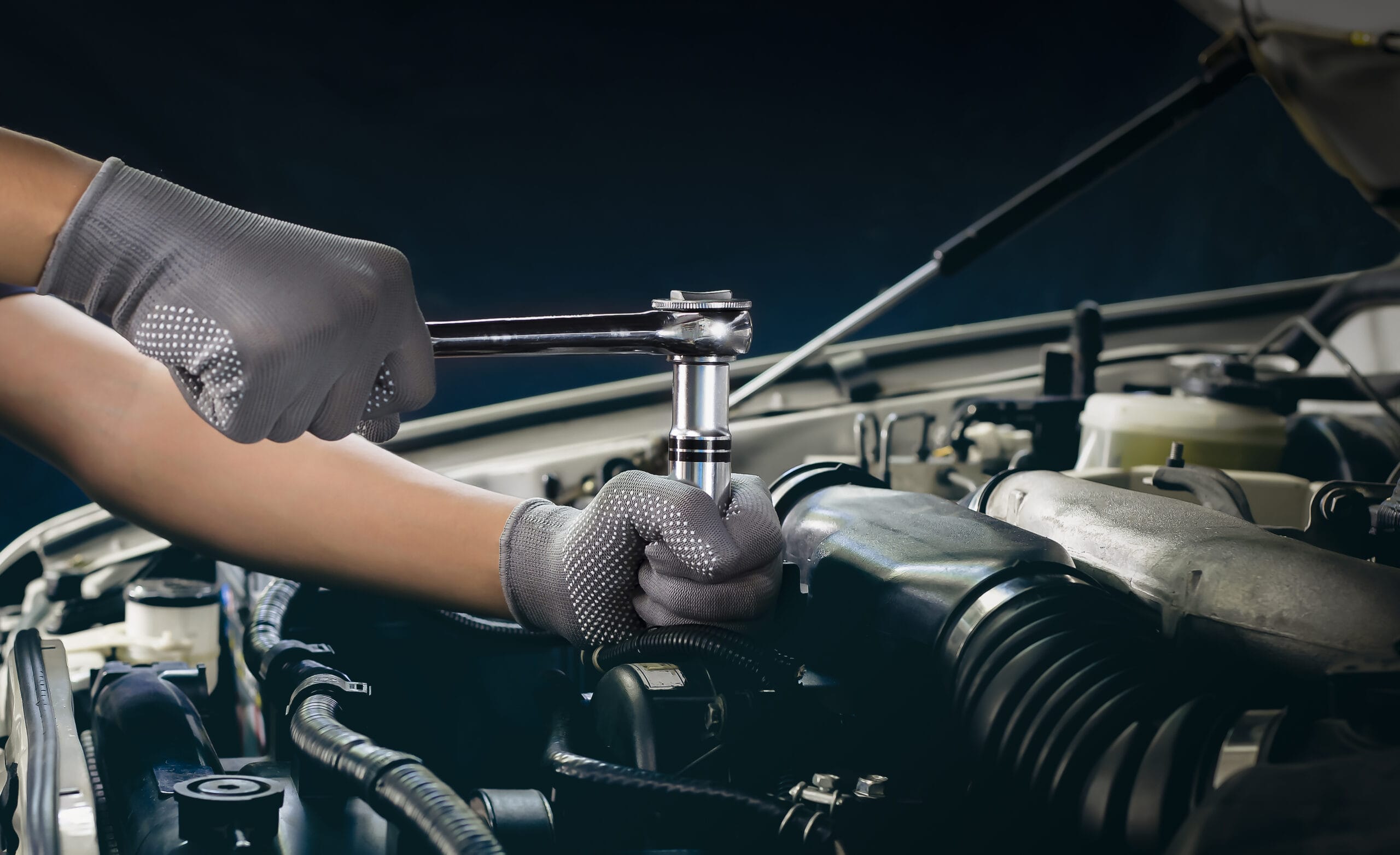 Car Mechanic Working On Car Engine, Car Maintenance Concept.