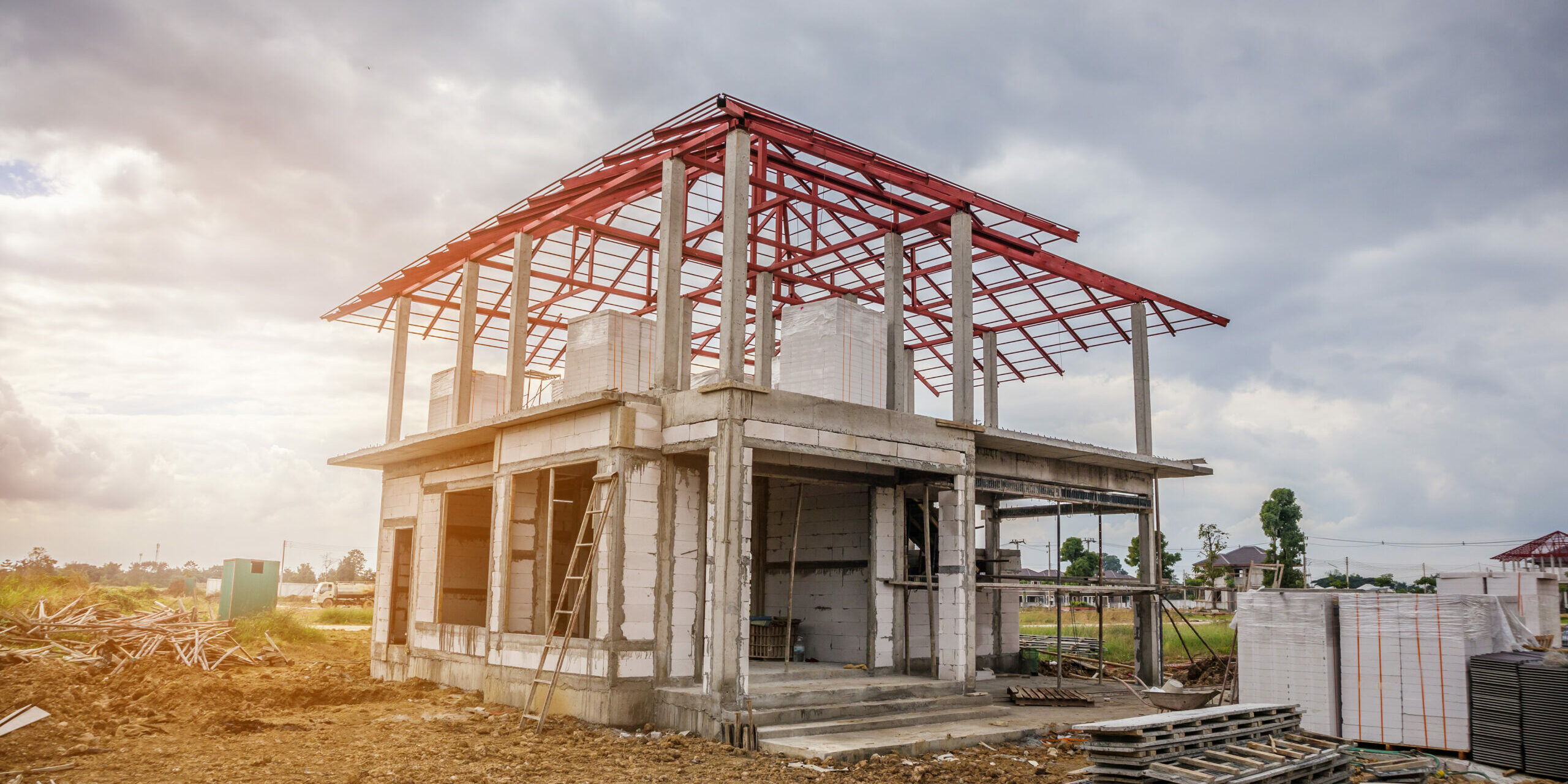 construction residential new house in progress at building site Construction Residential New House In Progress At Building Site