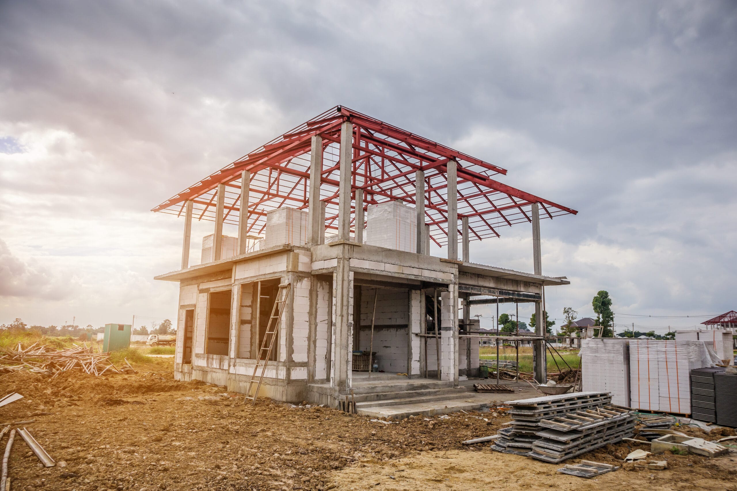 Construction Residential New House In Progress At Building Site
