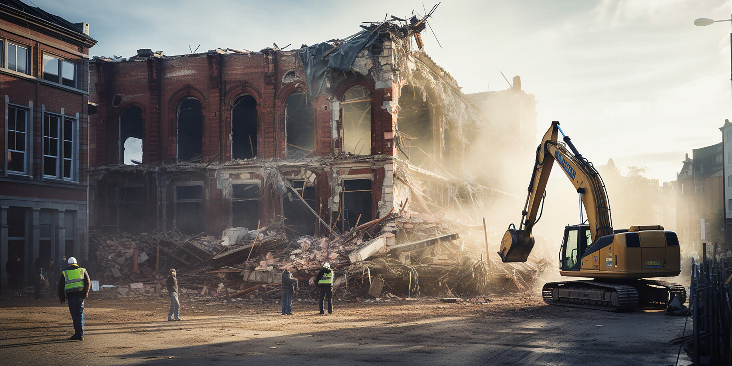 building-fasade-being-demolished-by-machinery-demolition-workers Building Fasade Being Demolished By Machinery Demolition Workers