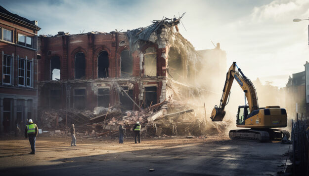 building-fasade-being-demolished-by-machinery-demolition-workers Building Fasade Being Demolished By Machinery Demolition Workers