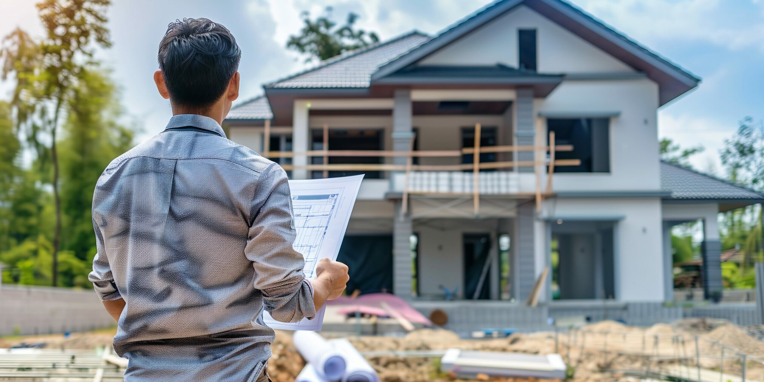 Building Manager Examining Home Plans in Front. Generative AI Building Manager Examining Home Plans In Front. Generative Ai