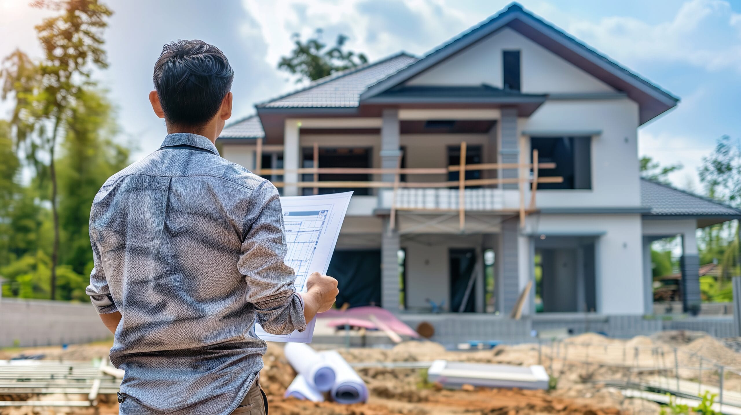 Building Manager Examining Home Plans In Front. Generative Ai