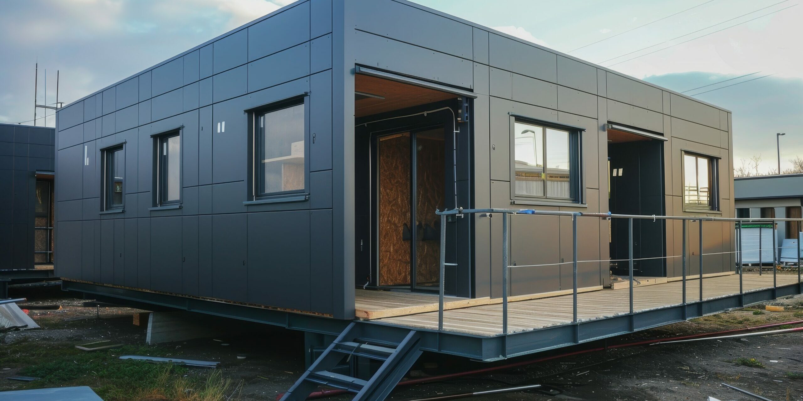 New prefab home in neighborhood under construction: grey exterio New Prefab Home In Neighborhood Under Construction: Grey Exterio