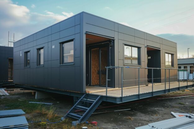 New prefab home in neighborhood under construction: grey exterio New Prefab Home In Neighborhood Under Construction: Grey Exterio