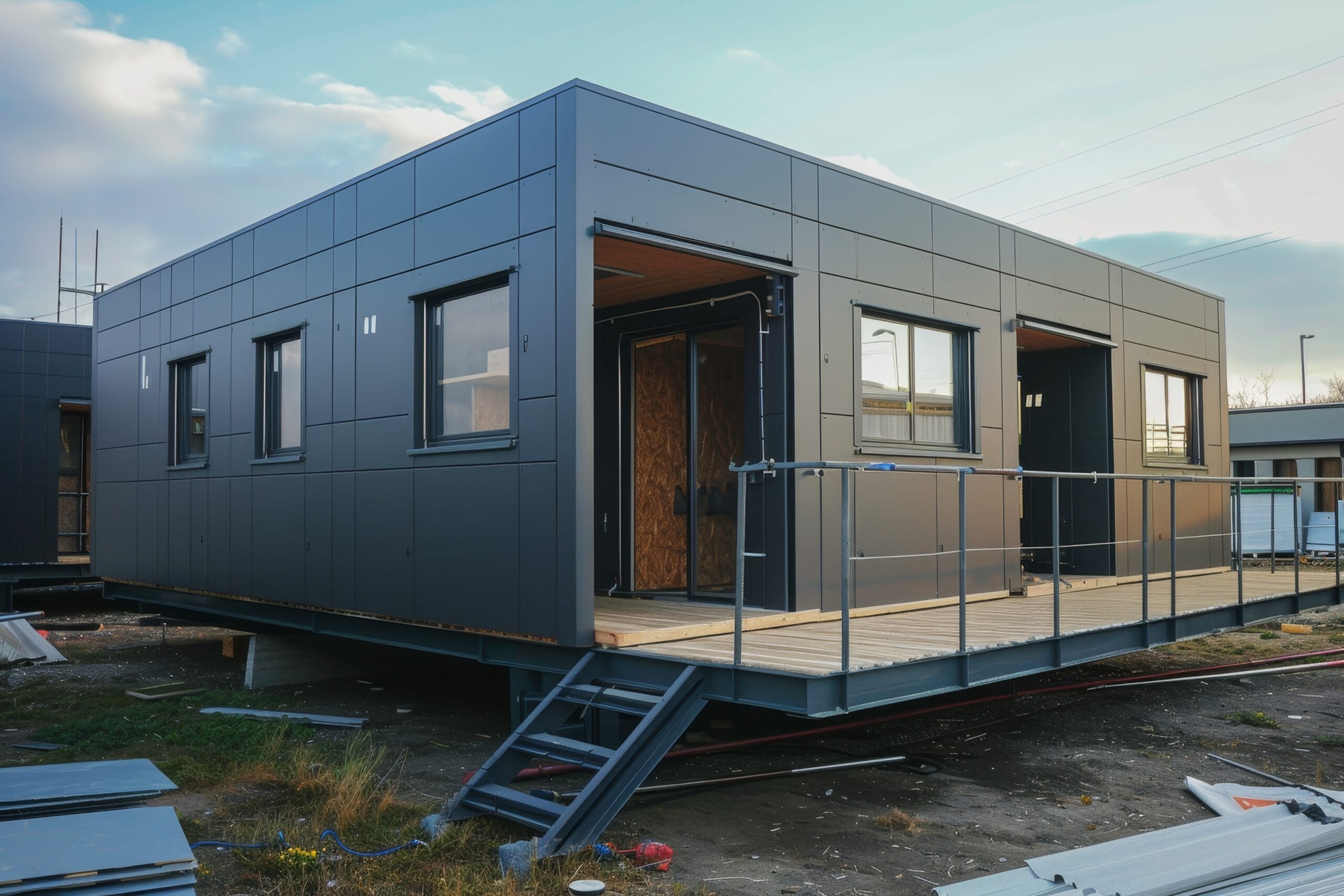 New Prefab Home In Neighborhood Under Construction: Grey Exterio