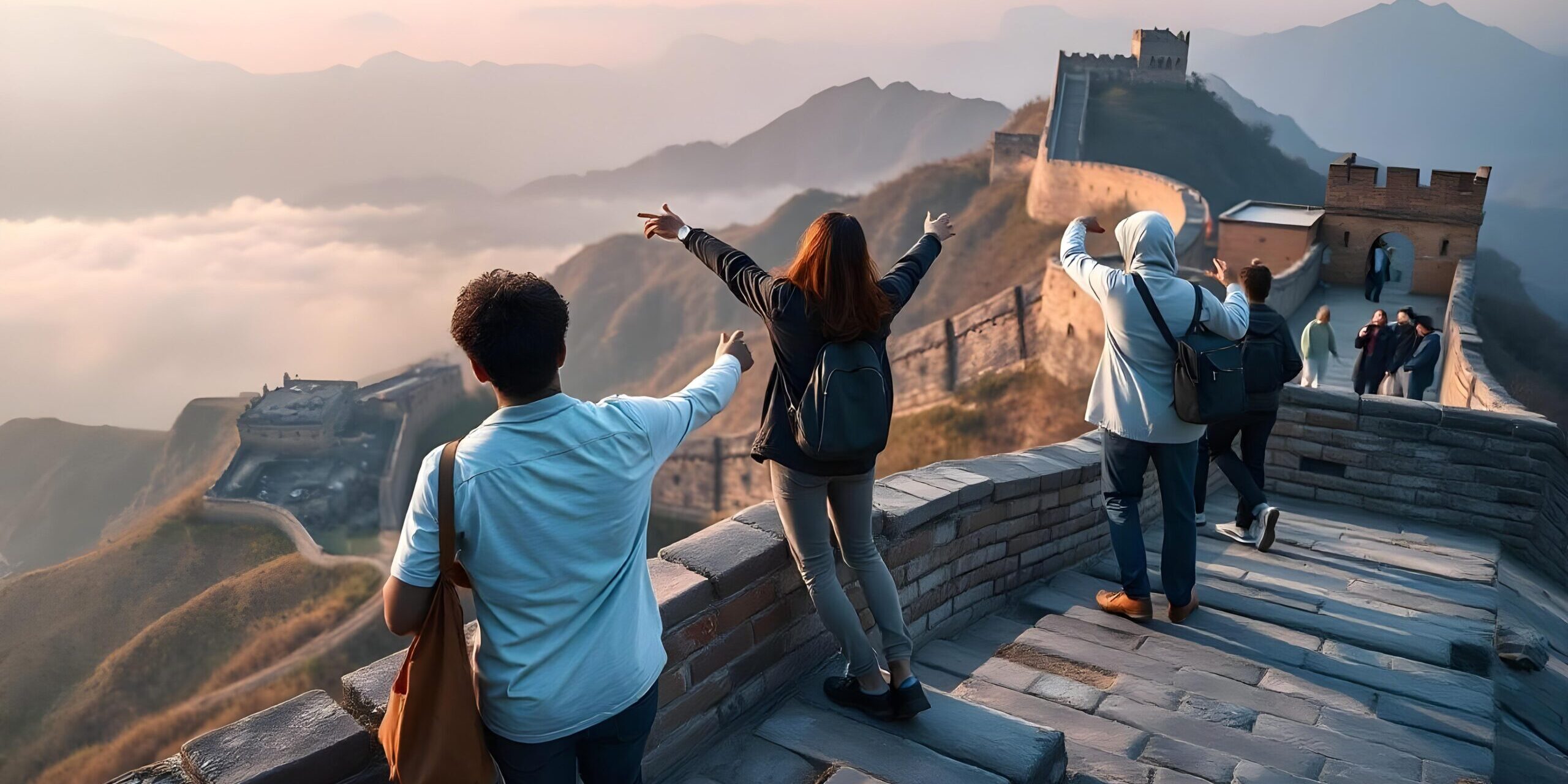 group-people-are-standing-ledge-with-one-pointing-sky Group People Are Standing Ledge With One Pointing Sky