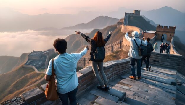 group-people-are-standing-ledge-with-one-pointing-sky Group People Are Standing Ledge With One Pointing Sky