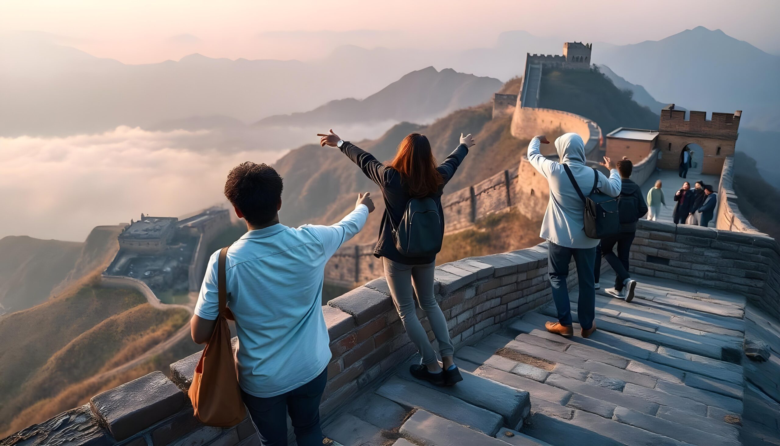 Group People Are Standing Ledge With One Pointing Sky