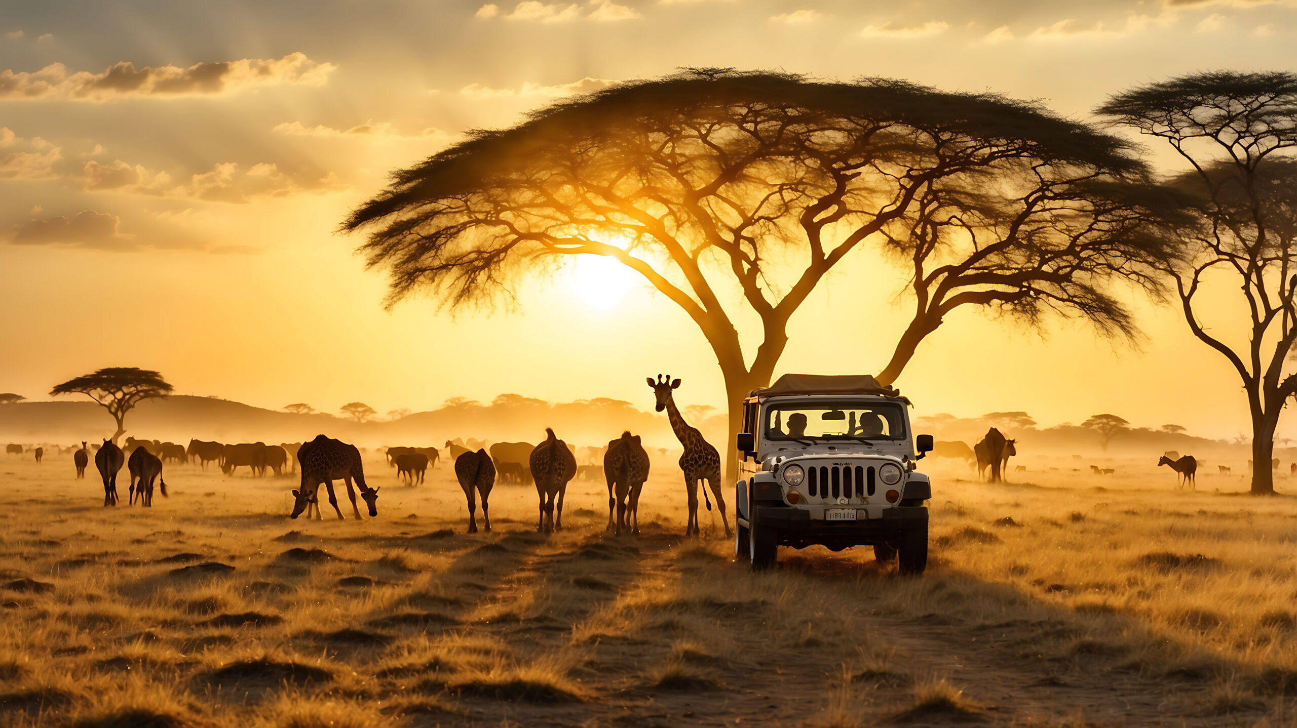 Jungle Safari With Animals Explorers In Jeep Car Driving