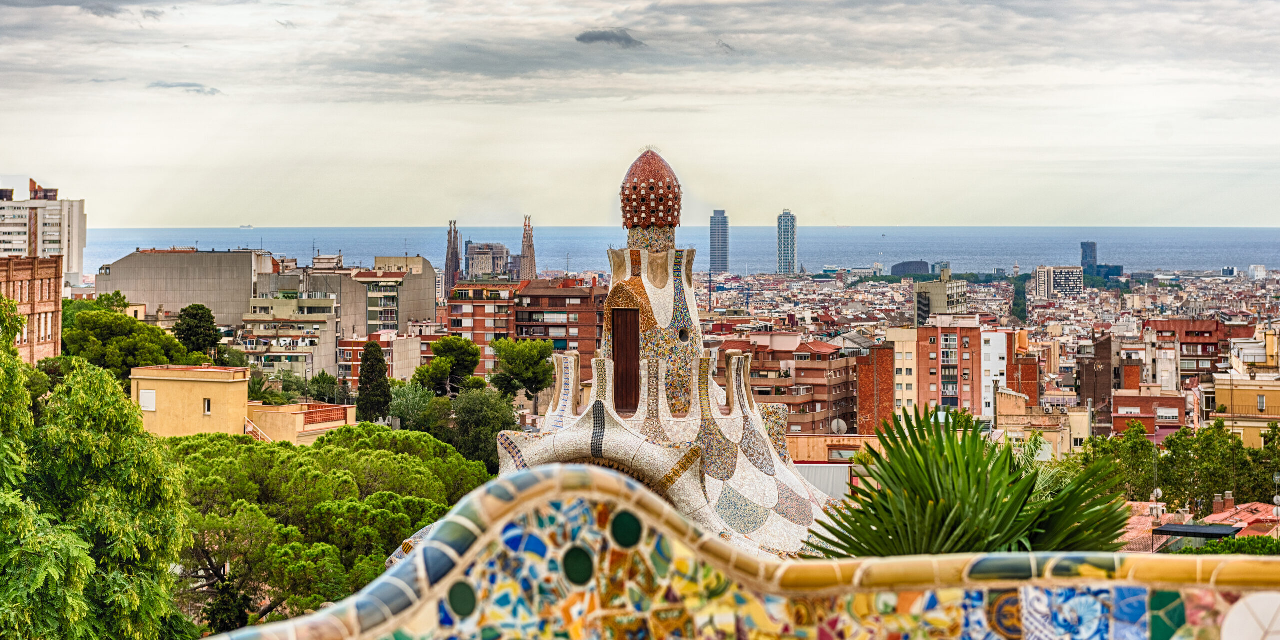 Scenic aerial view from Park Guell in Barcelona, Catalonia, Spain Scenic Aerial View From Park Guell In Barcelona, Catalonia, Spain