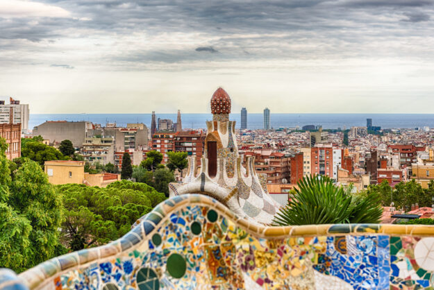 Scenic Aerial View From Park Guell In Barcelona, Catalonia, Spain