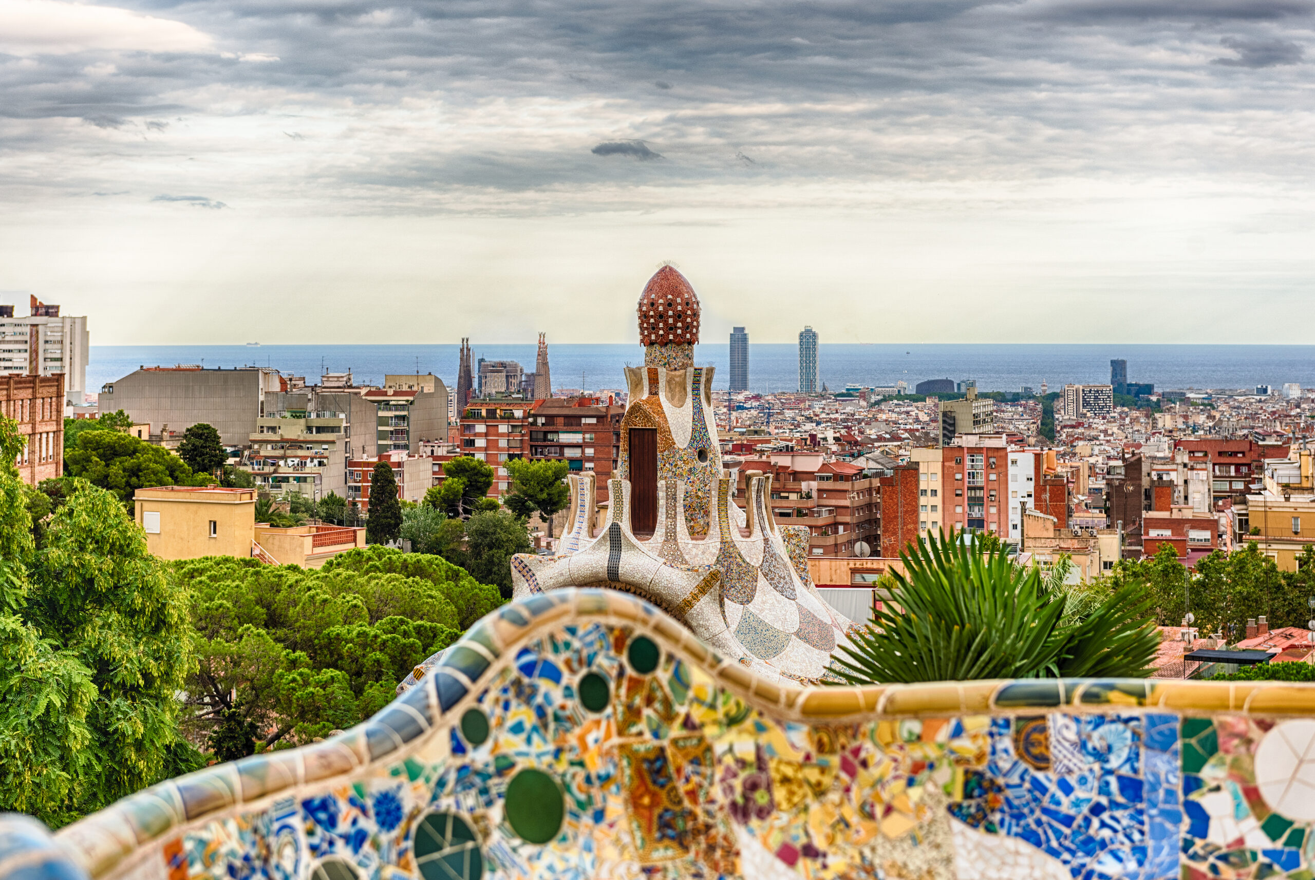 Scenic Aerial View From Park Guell In Barcelona, Catalonia, Spain