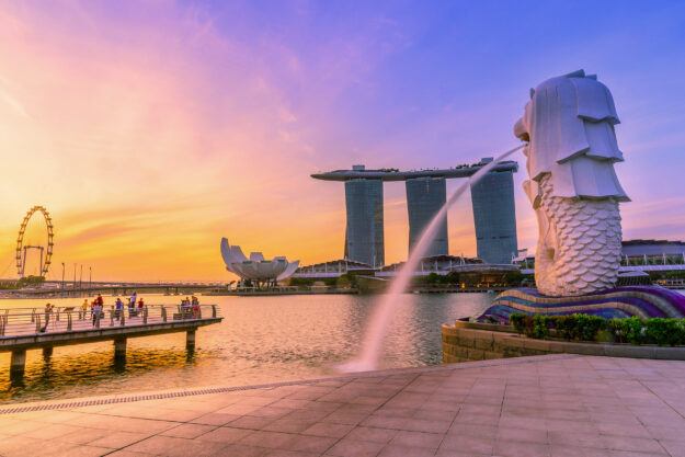 Singapore landmark Merlion at sunrise Singapore Landmark Merlion At Sunrise