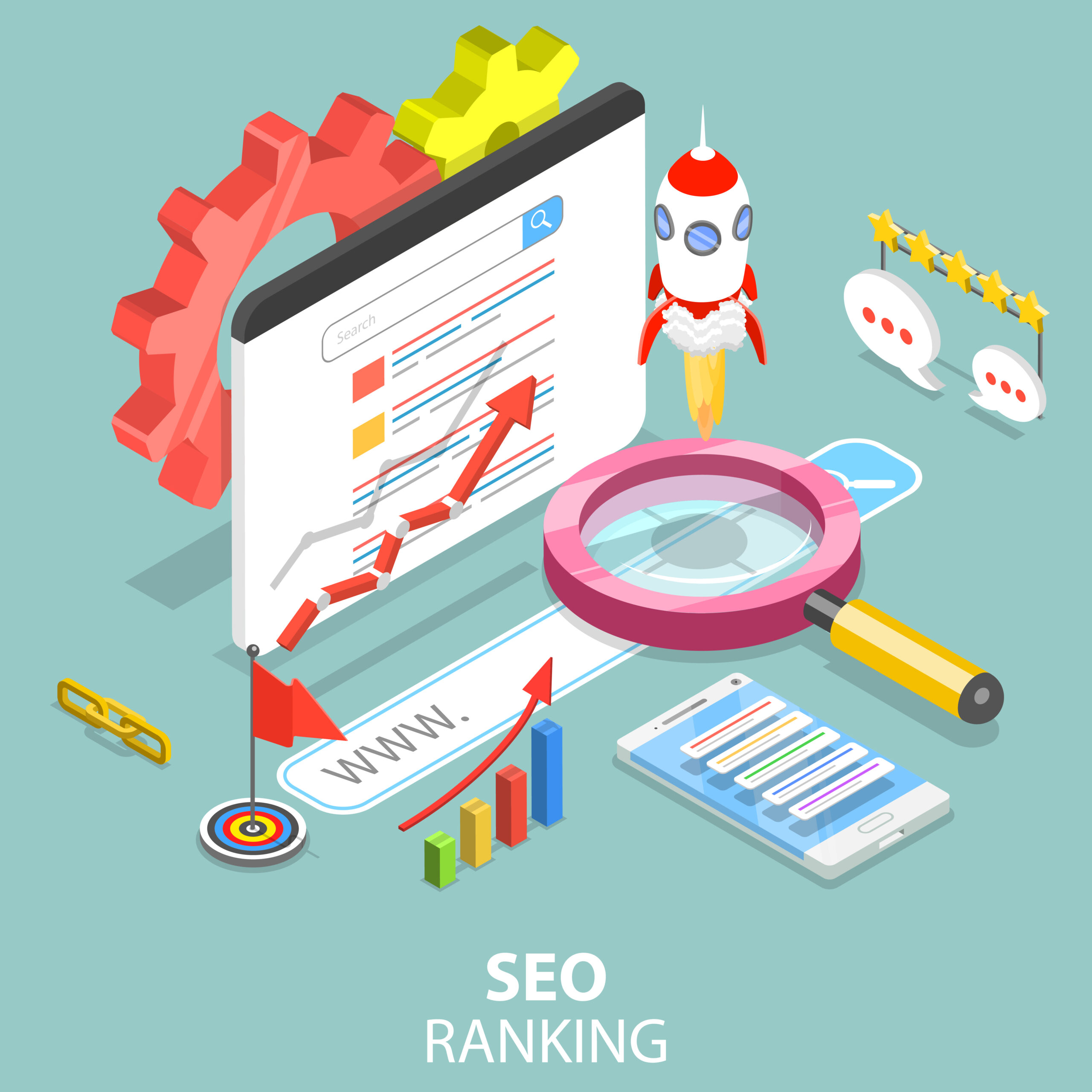 SEO ranking flat isometric vector concept. Seo Ranking Flat Isometric Vector Concept.